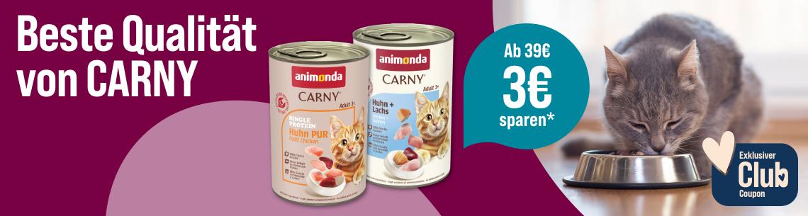 Spare 3 € ab 39 € auf Carny Katzenfutter Aktionsbanner für animonda CARNY Katzenfutter. Mittig zwei Dosen animonda CARNY Adult mit den Sorten „Huhn Pur“ und „Huhn + Lachs“; daneben türkiser Hinweis „Ab 39€ 3€ sparen*“. Rechts Katze beim Fressen aus einem Futternapf. Hinweis: Exklusiver Club Coupon.