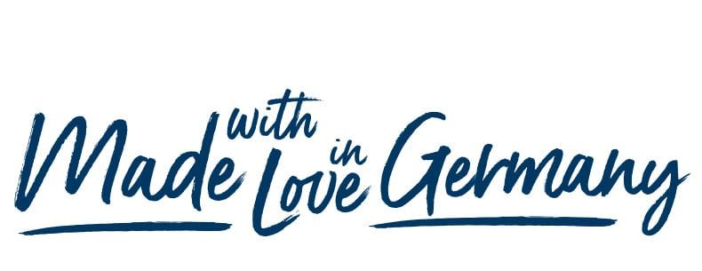 Happy Dog Slogan Schriftzug „Made with love in Germany“.