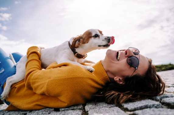 Tag des Glücks Eine Person liegt entspannt im Freien, während ein kleiner Hund auf ihr liegt und ihr fröhlich das Gesicht abschleckt.
