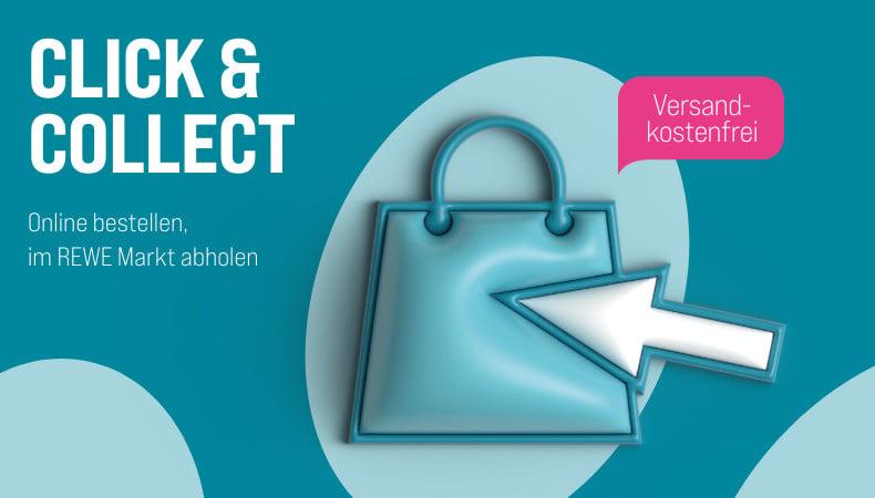 Click & Collect Grafisches Banner mit Einkaufstasche und Pfeil sowie dem Text ‚Click & Collect – online bestellen, im REWE Markt abholen‘