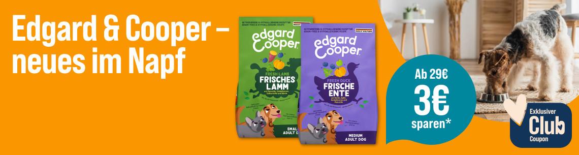 Spare 3€ ab 29€ auf Trockenfutter von Edgard & Cooper Aktionsbanner von Edgard & Cooper: Ein Hund frisst aus einem Napf. Text: ‚Edgard & Cooper – Neues im Napf‘, ‚Entdecke das neue Trockenfuttersortiment‘, ‚Ab 29 € 3 € sparen‘ und ‚Exklusiver Club Coupon‘.“