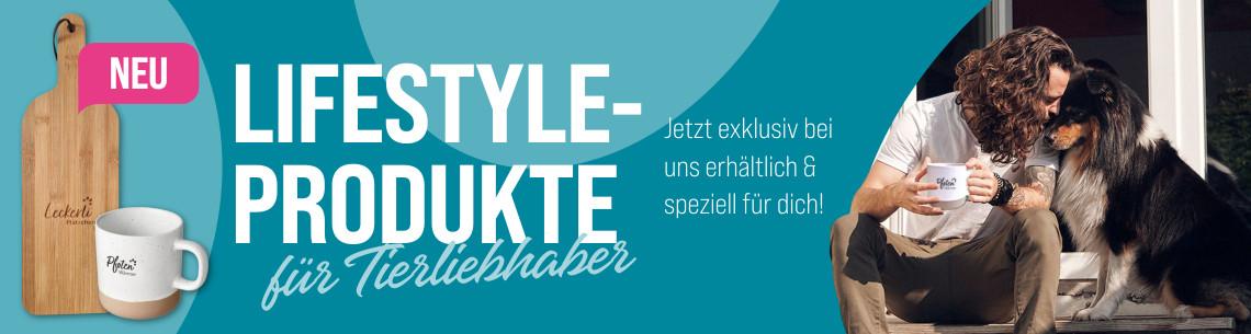 ZooRoyal Lifestyle-Produkte Banner mit Lifestyle‑Produkten für Tierliebhaber und einer Person mit Hund.