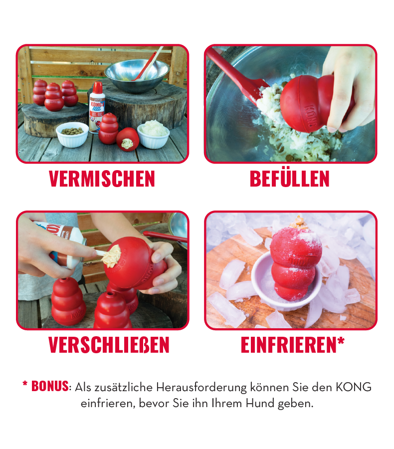 Schritt‑für‑Schritt‑Darstellung zum Befüllen Schritt‑für‑Schritt‑Darstellung zum Befüllen, Verschließen und Einfrieren eines KONG‑Spielzeugs.