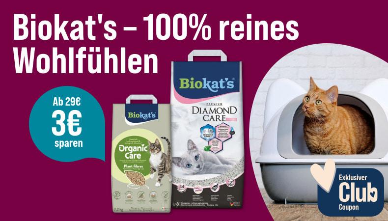 Spare 3 € ab 29 € auf Biokat's Katzenstreu Aktionsbanner für Biokat's Katzenstreu. Links der Schriftzug „Biokat's – 100% reines Wohlfühlen“. Mittig abgebildet sind die Katzenstreu-Produkte Biokat's Diamond Care und Biokat's Organic Care. Rechts sitzt eine Katze in einer Katzentoilette. Daneben ein Hinweis „Ab 29 € 3 € sparen“ sowie ein Badge „Exklusiver Club Coupon“. Hintergrund in Magenta- und Rosatönen. Hinweis: Beim Kauf ausgewählter Biokat's Produkte ab 29 € können mit Club Coupon 3 € gespart werden.**