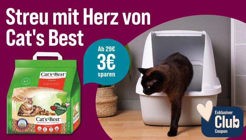 Spare 3€ ab 29€ auf Cat's Best Katzenstreu Aktionsbanner für Katzenstreu von Cat’s Best. Katze steigt aus einer Katzentoilette, daneben Verpackung von Katzenstreu