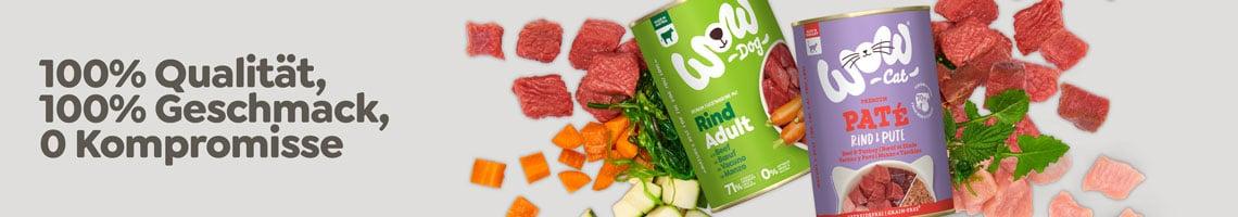 WOW Abbinder Banner mit WOW‑Hundefutter und Katzenfutter sowie dem Slogan ‚100% Qualität, 100% Geschmack, 0 Kompromisse‘.