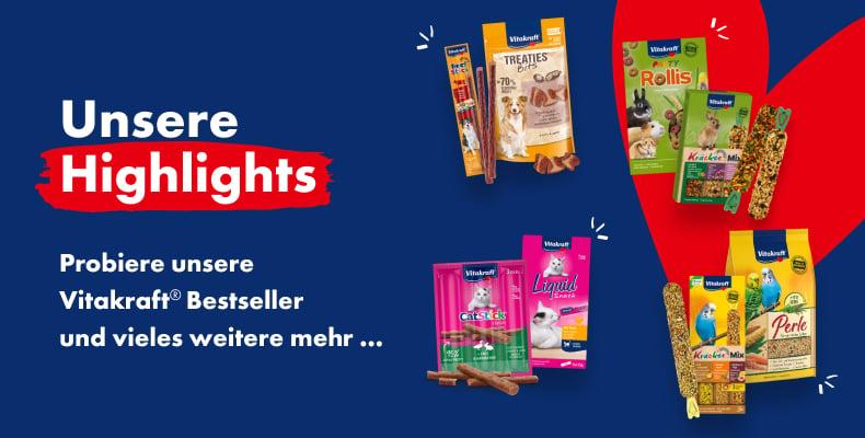 Vitakraft Abbinder Banner mit Vitakraft‑Produkten aus verschiedenen Tierkategorien und dem Hinweis auf Bestseller.
