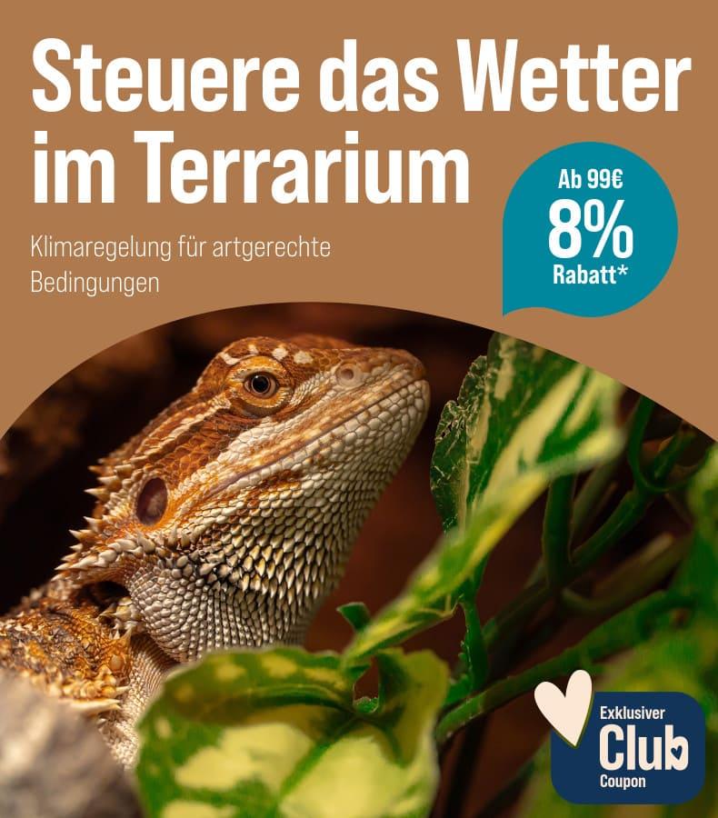 Spare 8 % ab 99 € auf Terrarien Klimaregelung Aktionsbanner mit Terrarien Klimaregelung und einer Echse