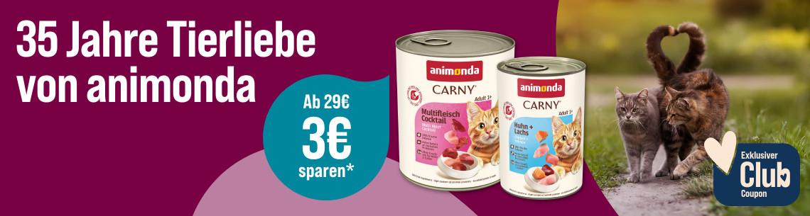 Spare 3€ ab 29€ auf animonda Katzenfutter Aktionsbanner mit animonda Katzenfutterdosen sowie zwei Katzen auf einem Gartenweg.