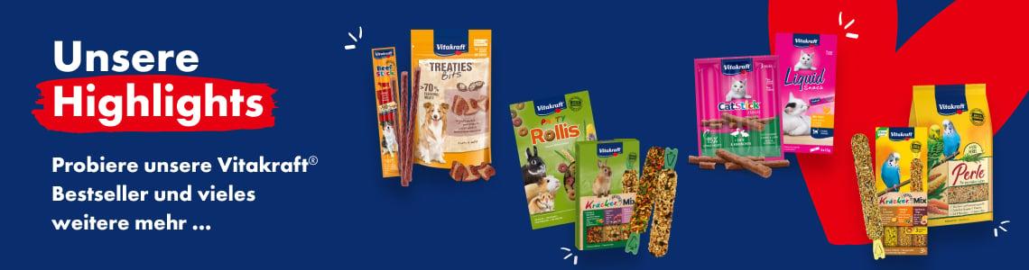 Vitakraft Abbinder Banner mit Vitakraft‑Produkten aus verschiedenen Tierkategorien und dem Hinweis auf Bestseller.