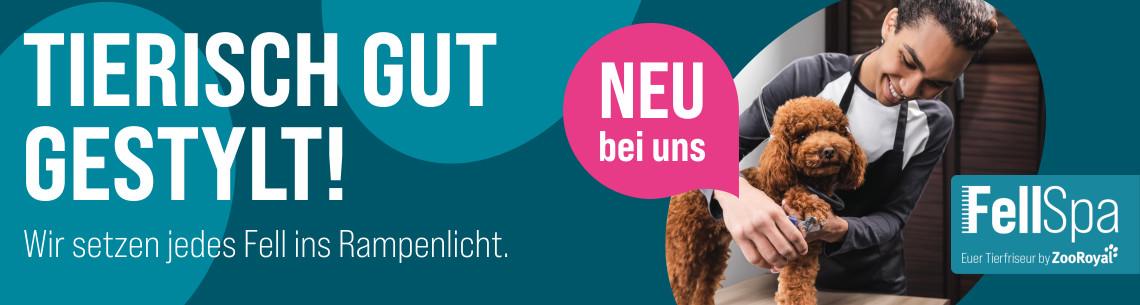 Hunde-Fellspa Werbebanner mit Tierfriseurin, die einen gestylten Pudel hält, dazu farbige Grafikelemente und Hinweise auf den FellSpa‑Tierfriseur von ZooRoyal.