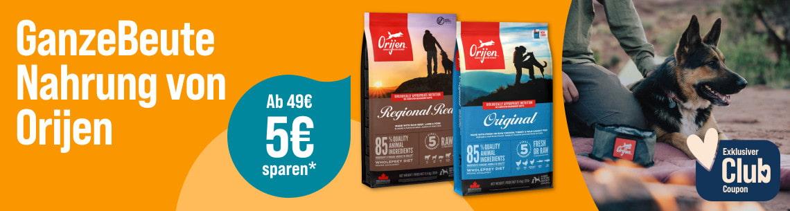 Spare 5€ ab 49€ auf Orijen Hundefutter Aktionsbanner mit Orijen Hundefutterprodukten und einem Hund in einer Outdoor‑Szene.