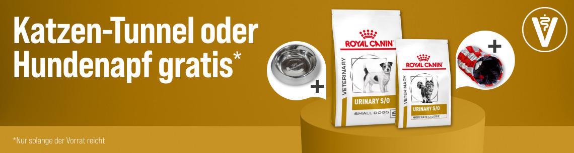 Katzen-Tunnel oder Hundenapf gratis Aktionsbanner mit Royal Canin Veterinary Urinary Futter für Hunde und Katzen sowie abgebildetem Katzentunnel und Hundenapf.