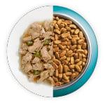 Purina One Mischfütterung Grafik geteilter Futternapf mit Nassfutter und Trockenfutter.