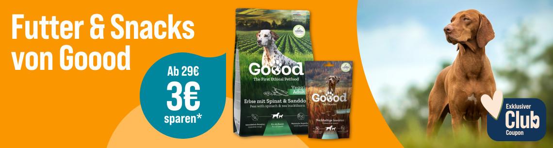 Spare 3 € ab 29 € auf Futter & Snacks von GOOOD Aktionsbanner für Goood Tierfutter. Mittig Produktverpackungen von Goood für Hunde, links Schriftzug „Futter & Snacks von Goood“ sowie Badge „Ab 29€ 3€ sparen“; rechts ein Hund im Freien auf einer Wiese; Hinweis: exklusiver Club-Coupon.
