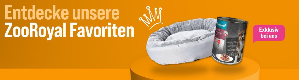 Entdecke unsere ZooRoyal Favoriten Aktionsbanner mit Angeboten auf ZooRoyal Marken. Hundebett und Nassfutter sind abgebildet, Hinweis auf exklusive Produkte und Highlight‑Sortiment