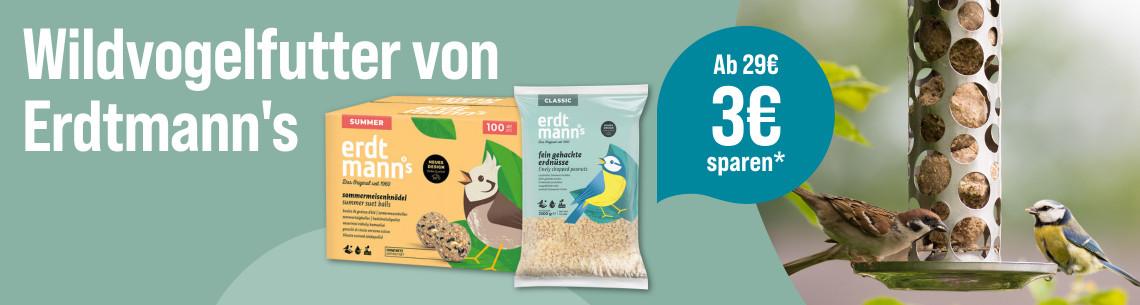 Spare 3 € ab 29 € auf Erdtmann`s Aktionsbanner mit Erdtmann’s Wildvogelfutterprodukten und mehreren Wildvögeln an einer Futtersäule.