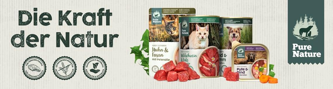 Pure Nature Topbanner Pure‑Nature‑Produkte für Hunde und Katzen vor dem Schriftzug „Die Kraft der Natur“.
