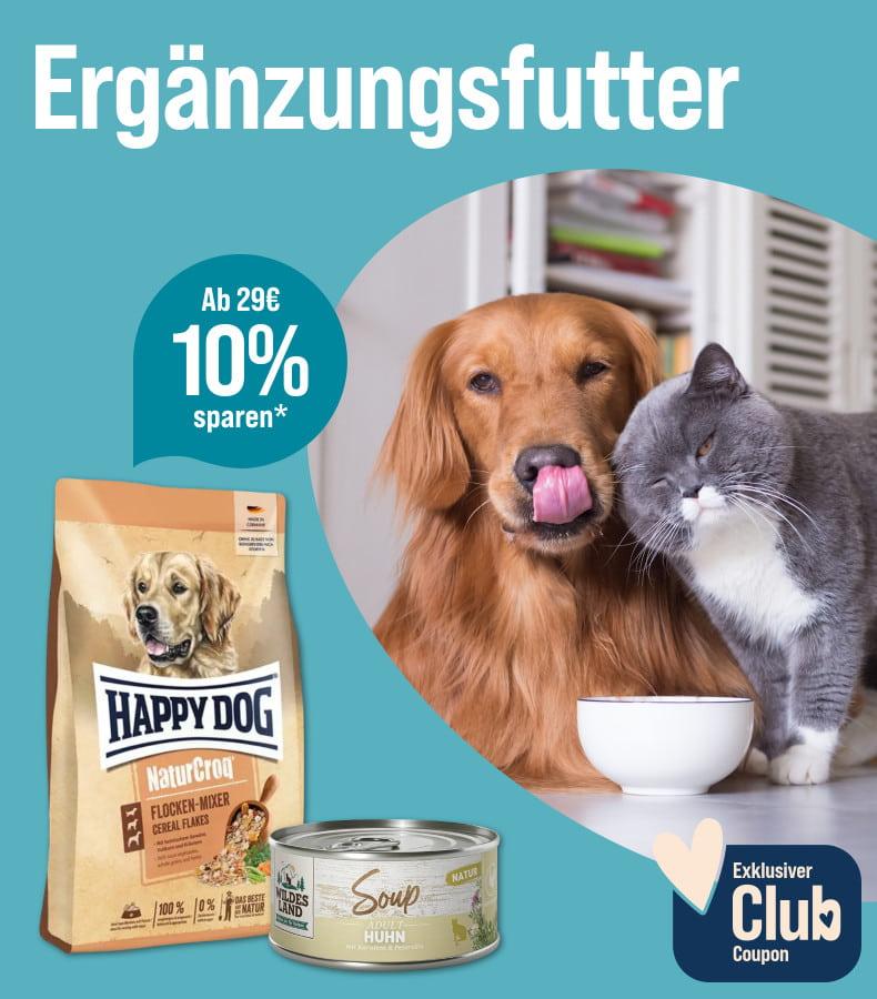 Spare 10% ab 29€ auf Ergänzungsfutter Aktionsbanner für Ergänzungsfutter. Hund und Katze stehen nebeneinander vor einem Futternapf, daneben Verpackungen von Trocken‑ und Nassfutter, Hinweis auf 10 % Rabatt ab 29 € und exklusiven Club‑Coupon