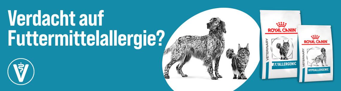 Entdecke Royal Canin Diätfutter Aktionsbanner mit Royal Canin Veterinary Allegergenic und Hypoallergenic Futter für Hunde und Katzen sowie einer Hund‑ und Katzendarstellung.