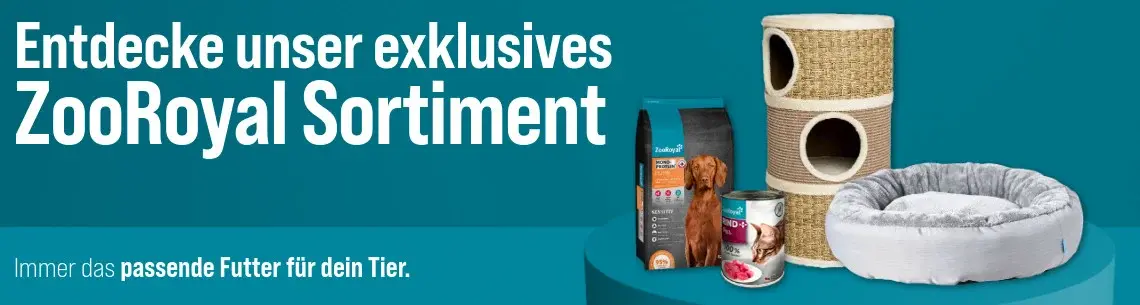 ZooRoyal Eigenmarken Sortiment ZooRoyal Sortiment aus Futter, Kratzmöbel und Hundebett mit Werbetext.
