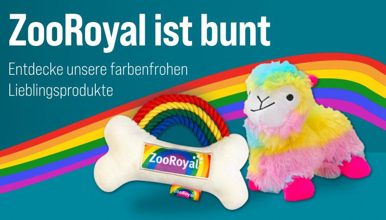 ZooRoyal ist bunt Werbebanner mit bunten Haustierspielzeugen und einem Hinweis auf farbenfrohe Lieblingsprodukte.