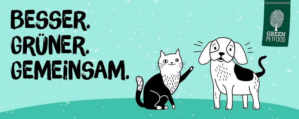 Topbanner Green Petfood Illustration einer Katze und eines Hundes neben dem Schriftzug „Besser. Grüner. Gemeinsam.“ mit Green Petfood Logo.