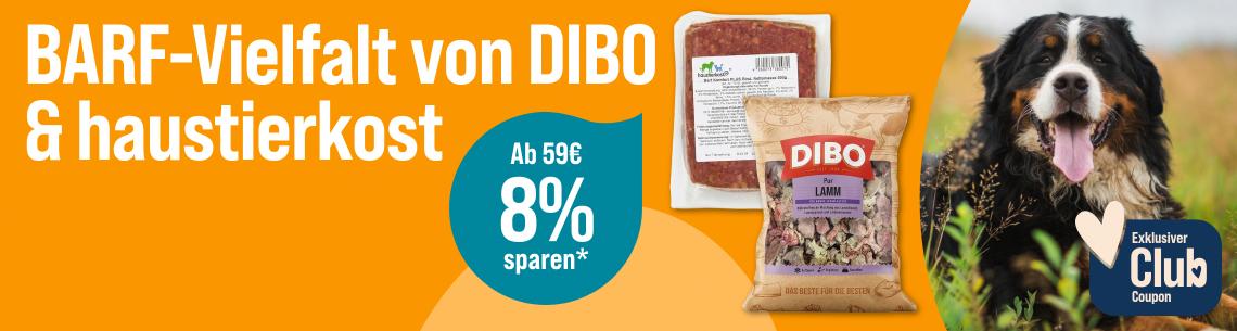 Spare 8 % ab 59 € auf DIBO & haustierkost Aktionsbanner für BARF-Produkte von DIBO und haustierkost. Links der Schriftzug „BARF-Vielfalt von DIBO & haustierkost“ auf orangefarbenem Hintergrund. Mittig ein Berner Sennenhund auf einer Wiese. Rechts türkisfarbener Rabatt-Hinweis „Ab 59 € 8 % sparen“ sowie verschiedene BARF-Produkte von DIBO und haustierkost, darunter Frostfleisch und Fleischmischungen. Rechts außen Hinweis „Exklusiver Club Coupon“ mit Herzsymbol. Hinweis: Werbemotiv in Orange-, Grün- und Blautönen für BARF-Hundefutter und Rabattaktion.