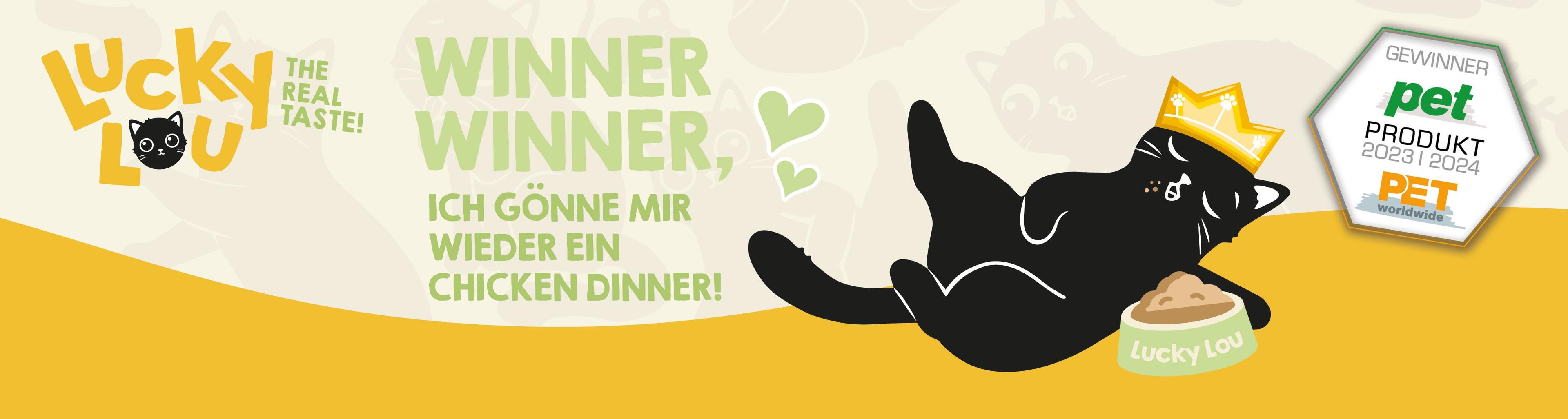 Lucky Lou Abbinder Illustration einer schwarzen Katze mit Krone neben Schale mit Futter und dem Text „Winner Winner, ich gönne mir wieder ein Chicken Dinner“.