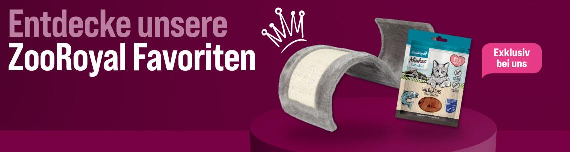 Entdecke unsere ZooRoyal Favoriten Aktionsbanner mit Angeboten auf ZooRoyal Marken. Kratzmöbel und Katzensnacks sind abgebildet, Hinweis auf exklusive Produkte und Highlight‑Sortiment