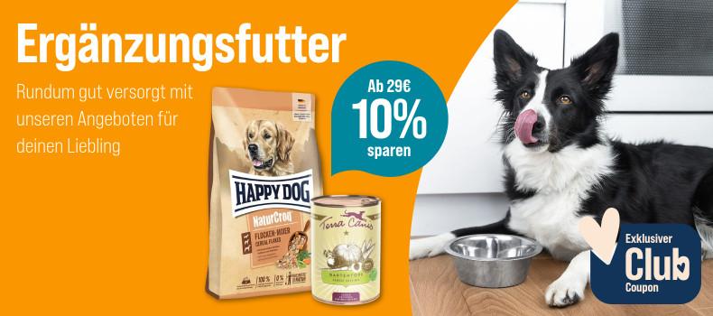 Spare 10% ab 29€ auf Ergänzungsfutter Aktionsbanner für Ergänzungsfutter für Hunde. Hund sitzt vor einem Futternapf, daneben Verpackungen von Trocken‑ und Nassfutter, Hinweis auf 10 % Rabatt ab 29 € und exklusiven Club‑Coupon