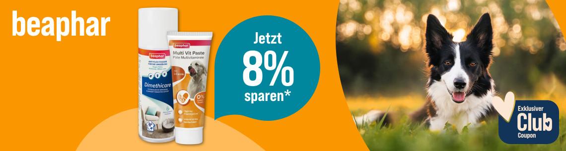 Spare 8% auf beaphar Aktionsbanner für Pflege‑ und Ergänzungsprodukte von beaphar. Hund liegt auf einer Wiese, daneben Verpackungen von Pflegemittel und Vitaminpaste.