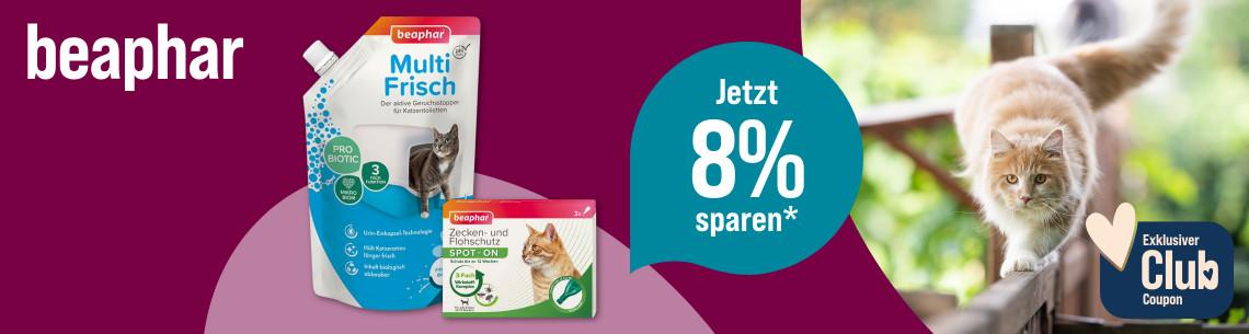 Spare 8% auf beaphar Aktionsbanner für Pflege‑ und Schutzprodukte von beaphar. Katze läuft auf einem Geländer im Freien, daneben Verpackungen von Geruchsentferner und Zecken‑ und Flohschutz.