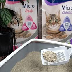 Katzenklo reinigen Katzenstreu in einer Schale mit einer Schaufel und Biokat’s‑Produkten im Hintergrund.