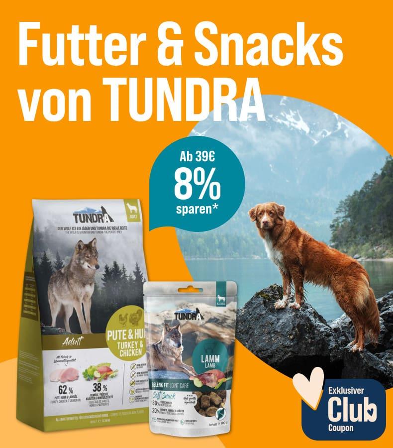 Spare 8% ab 39€ auf Hundefutter von TUNDRA Aktionsbanner für TUNDRA Hundefutter und Snacks: Ein Hund steht auf einem Felsen am Wasser. Text: ‚Futter & Snacks von TUNDRA‘, ‚Ab 39 € 8 % sparen‘ und ‚Exklusiver Club Coupon‘.