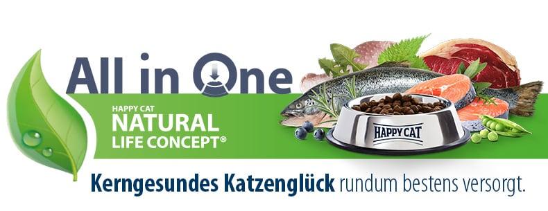 Happy Cat Einleitungsbanner Banner mit Happy Cat Natural Life Concept und Futtermotiven.
