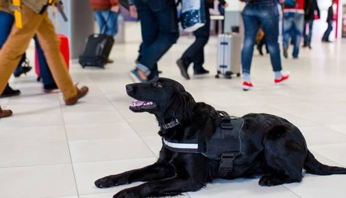 Schwarzer Hund mit Geschirr liegt in einer Wartehalle mit vielen vorbeigehenden Reisenden.