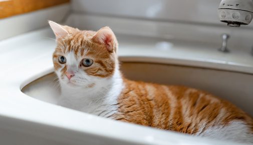 Orange‑weiße Katze sitzt in einem Waschbecken im Badezimmer.