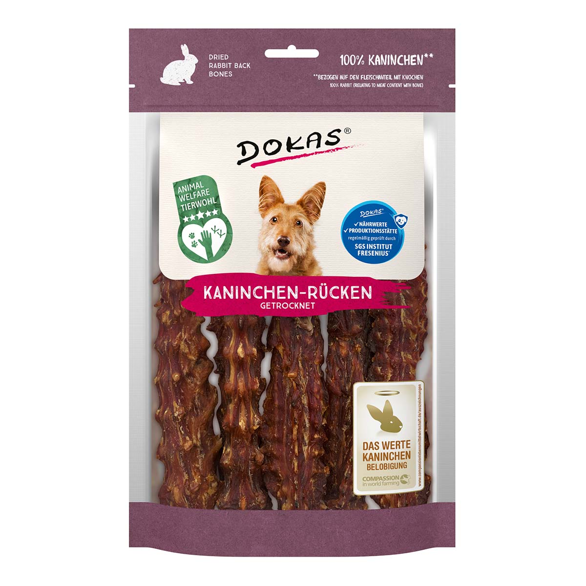 Dokas Hundesnack Kaninchenrücken getrocknet