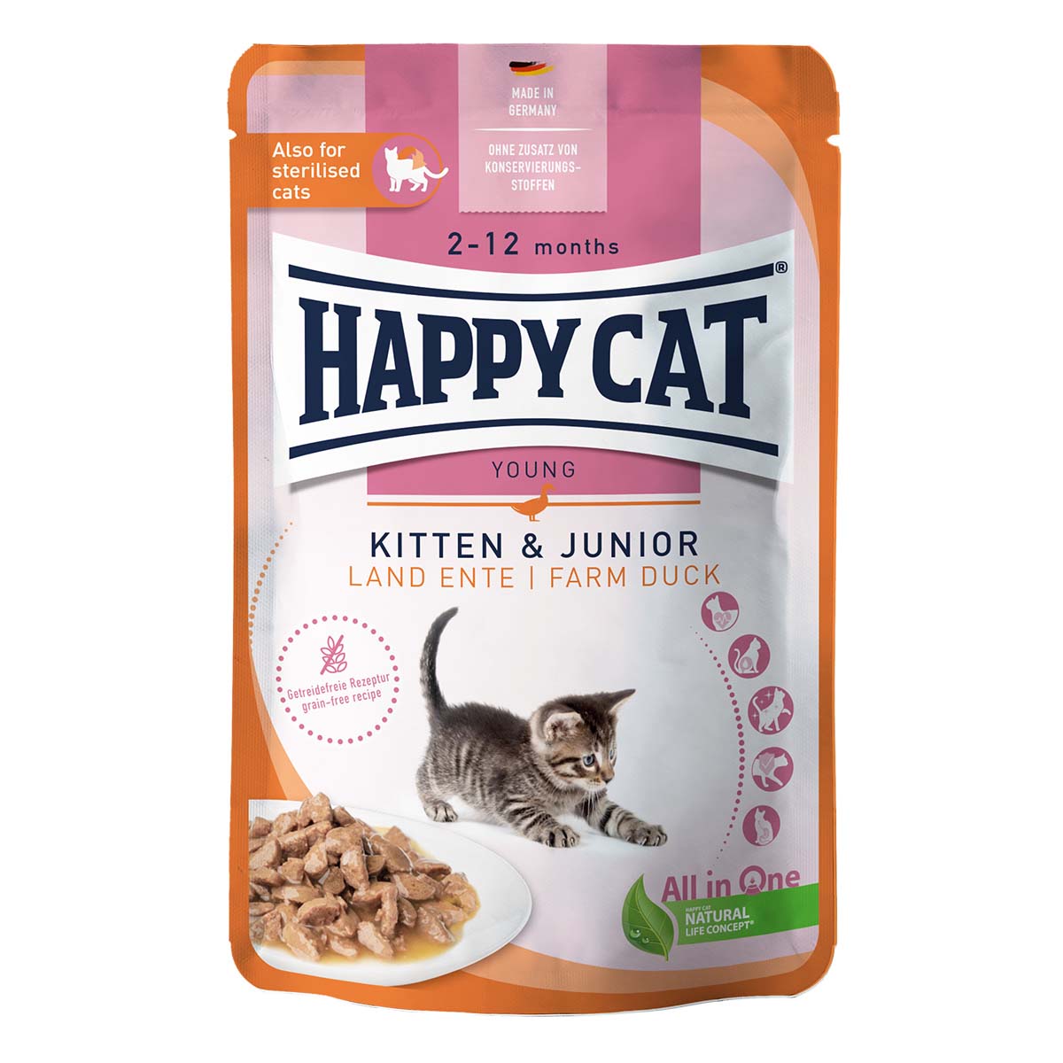 Happy Cat Kitten &amp; Junior Land Ente Pouch 20x85g